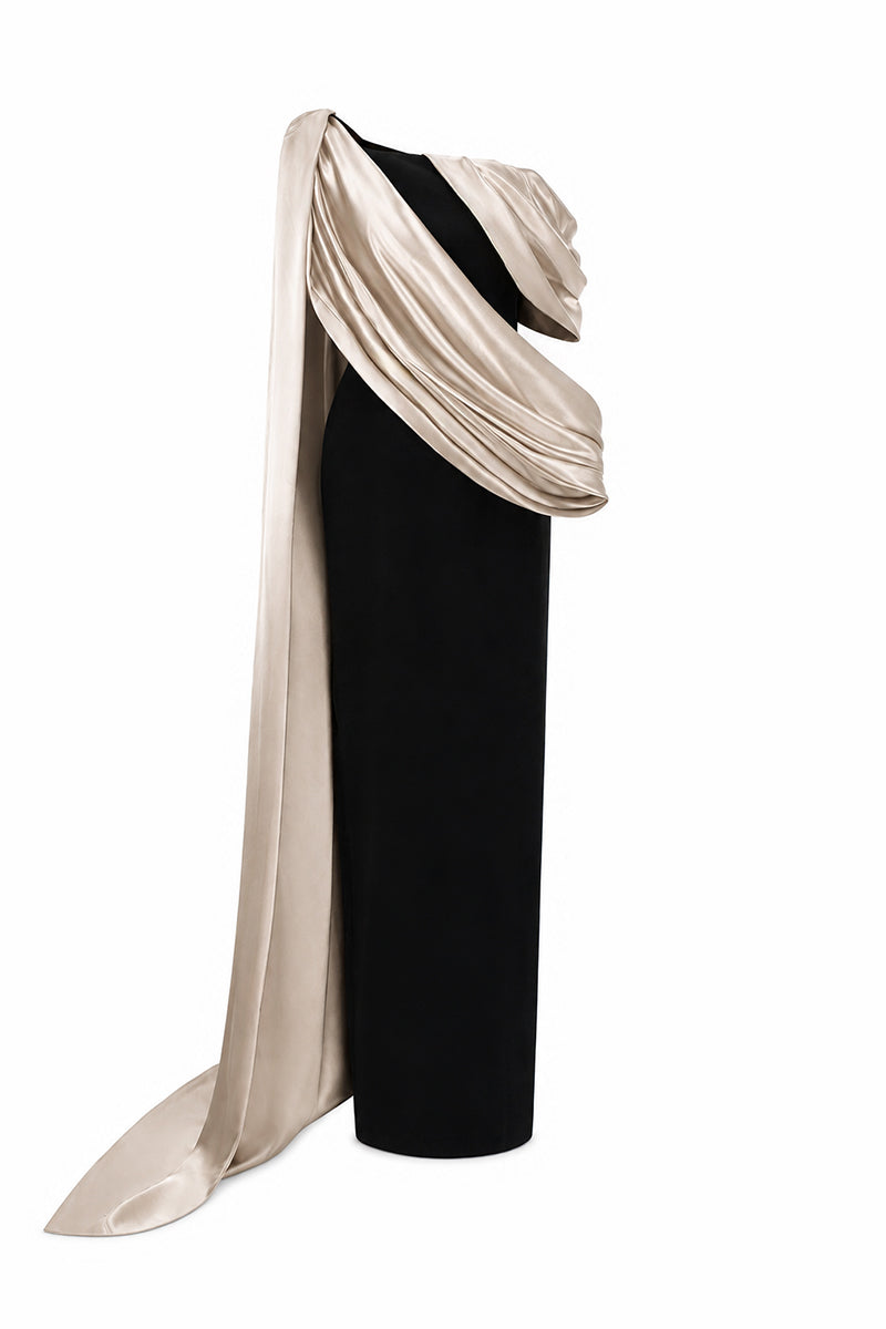 Bustier Column Gown With Asymmetric Draped Details In Black Crepe And Beige Silk