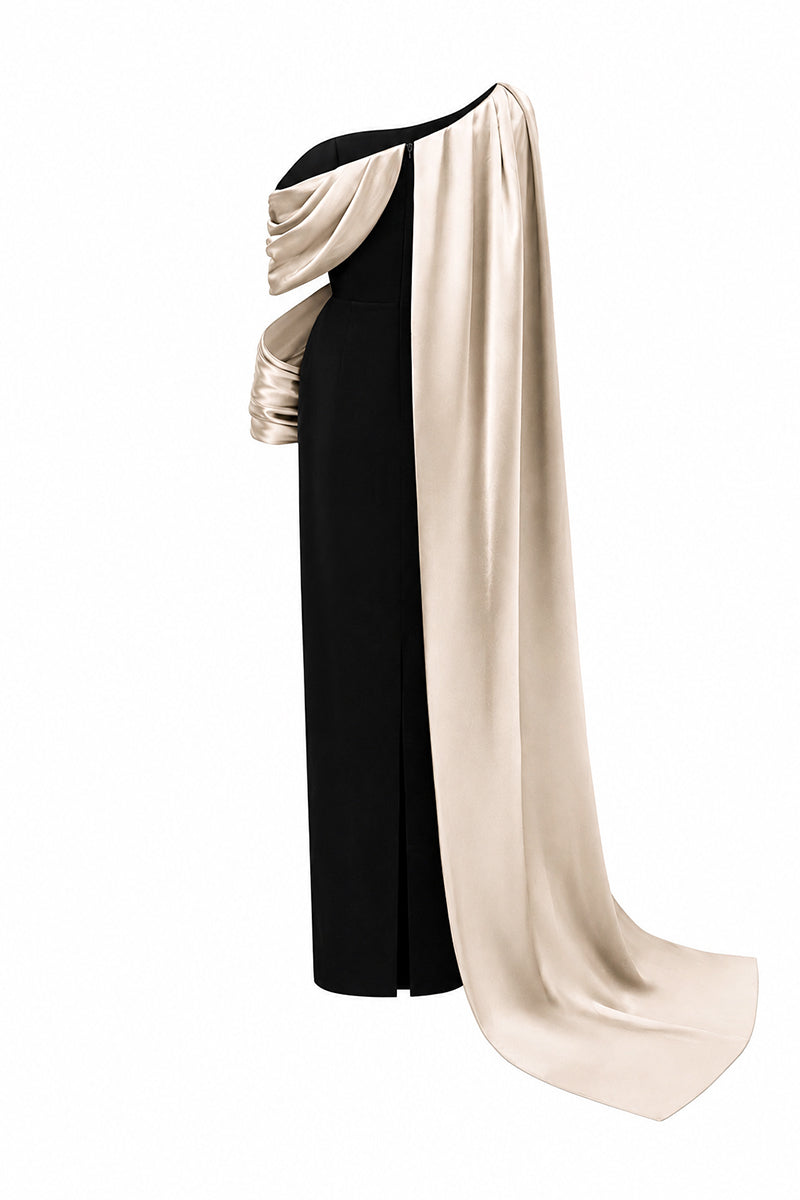 Bustier Column Gown With Asymmetric Draped Details In Black Crepe And Beige Silk