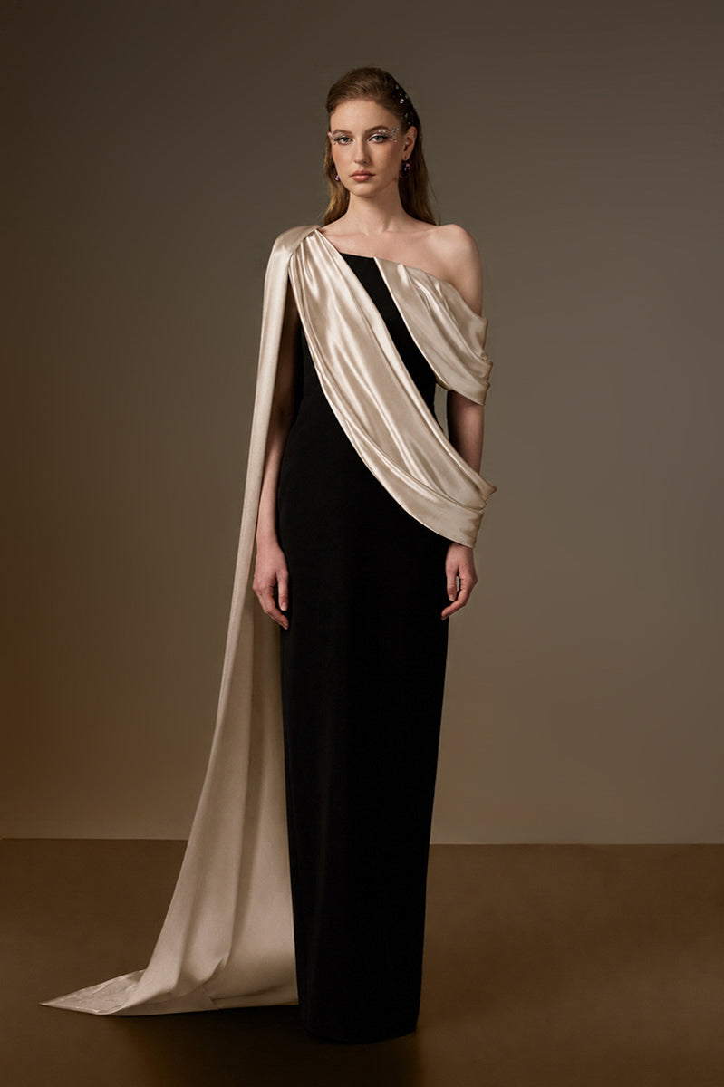 Bustier Column Gown With Asymmetric Draped Details In Black Crepe And Beige Silk