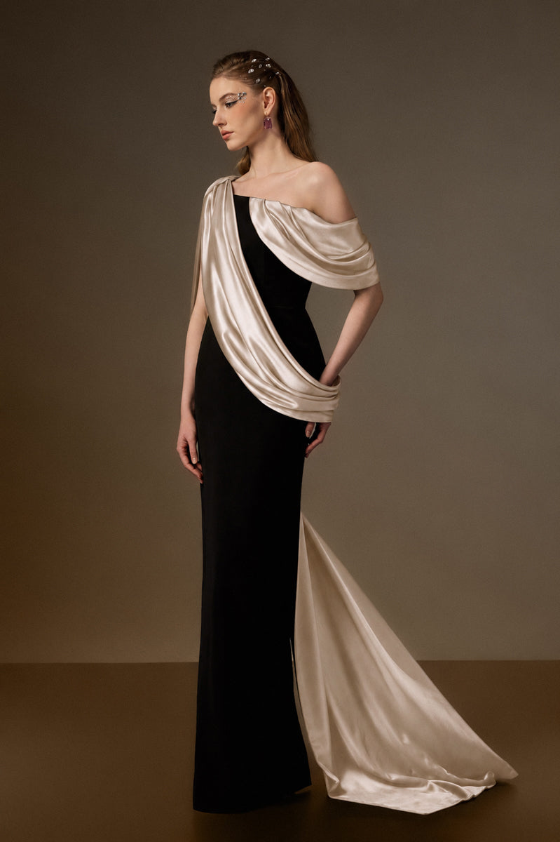 Bustier Column Gown With Asymmetric Draped Details In Black Crepe And Beige Silk