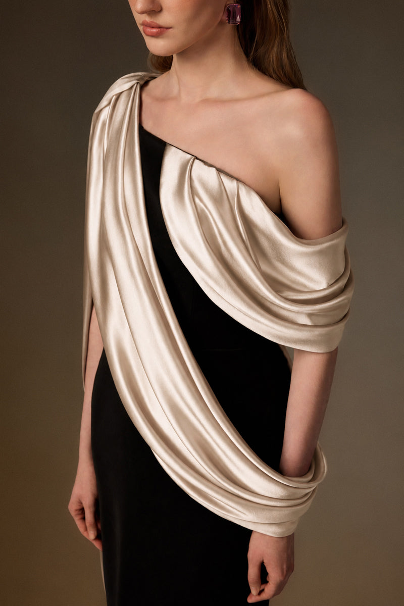 Bustier Column Gown With Asymmetric Draped Details In Black Crepe And Beige Silk