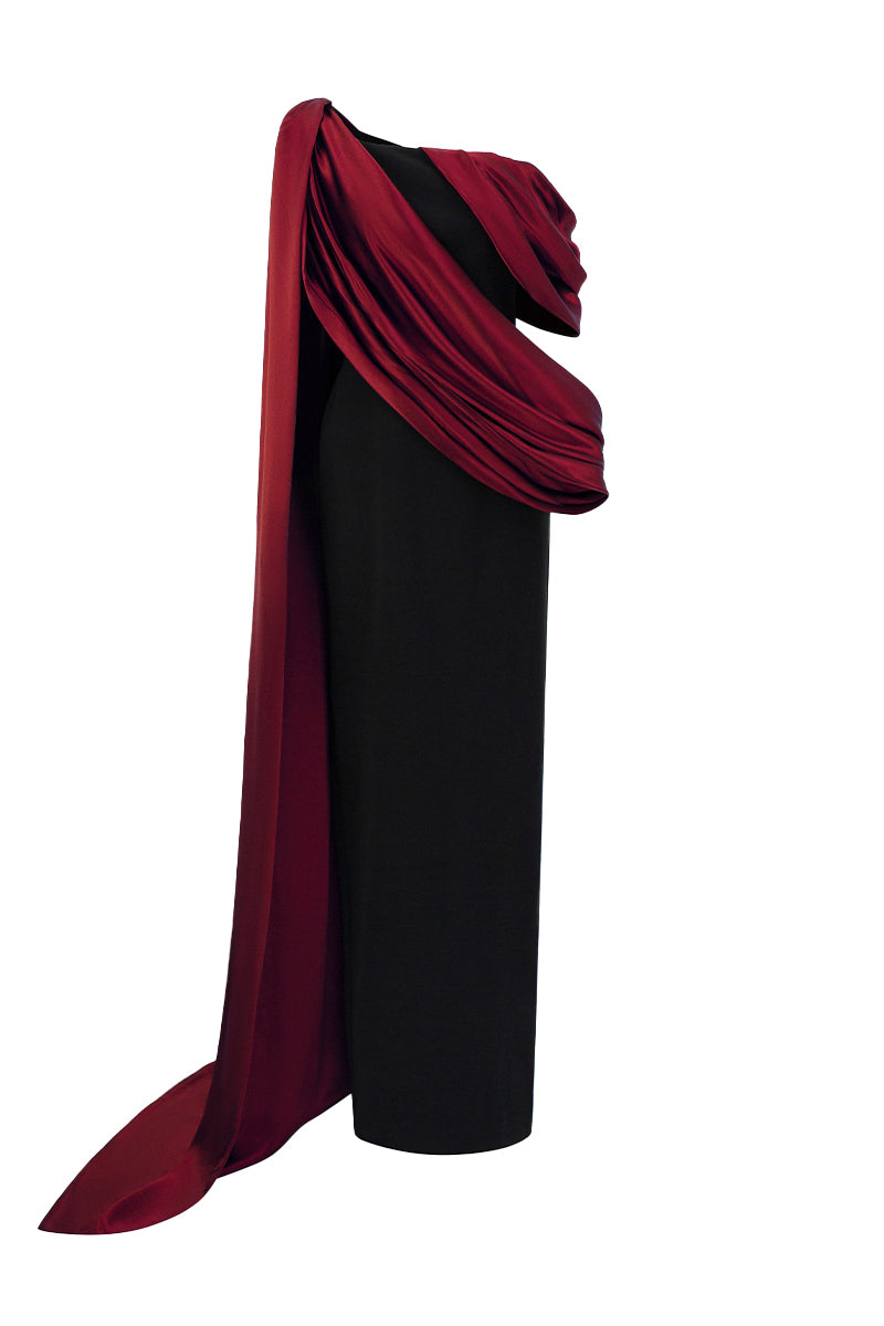 Bustier Column Gown With Asymmetric Draped Details In Black Crepe And Dark Red Silk