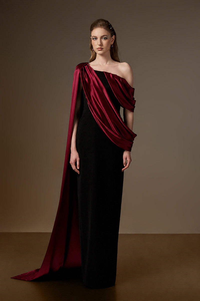 Bustier Column Gown With Asymmetric Draped Details In Black Crepe And Dark Red Silk