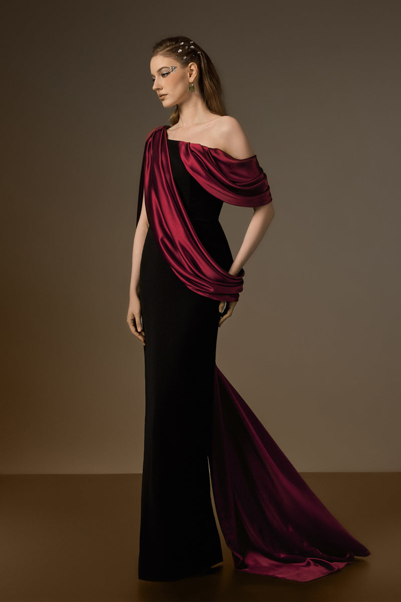 Bustier Column Gown With Asymmetric Draped Details In Black Crepe And Dark Red Silk