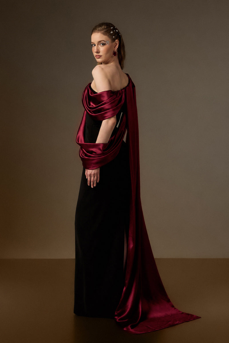 Bustier Column Gown With Asymmetric Draped Details In Black Crepe And Dark Red Silk