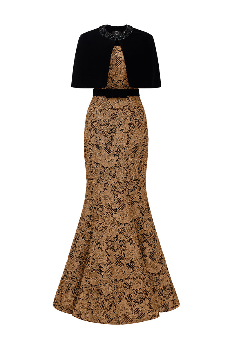 Burstier Mermaid Gown In Lace with Lyon Velvet Mini Cape And Belt
