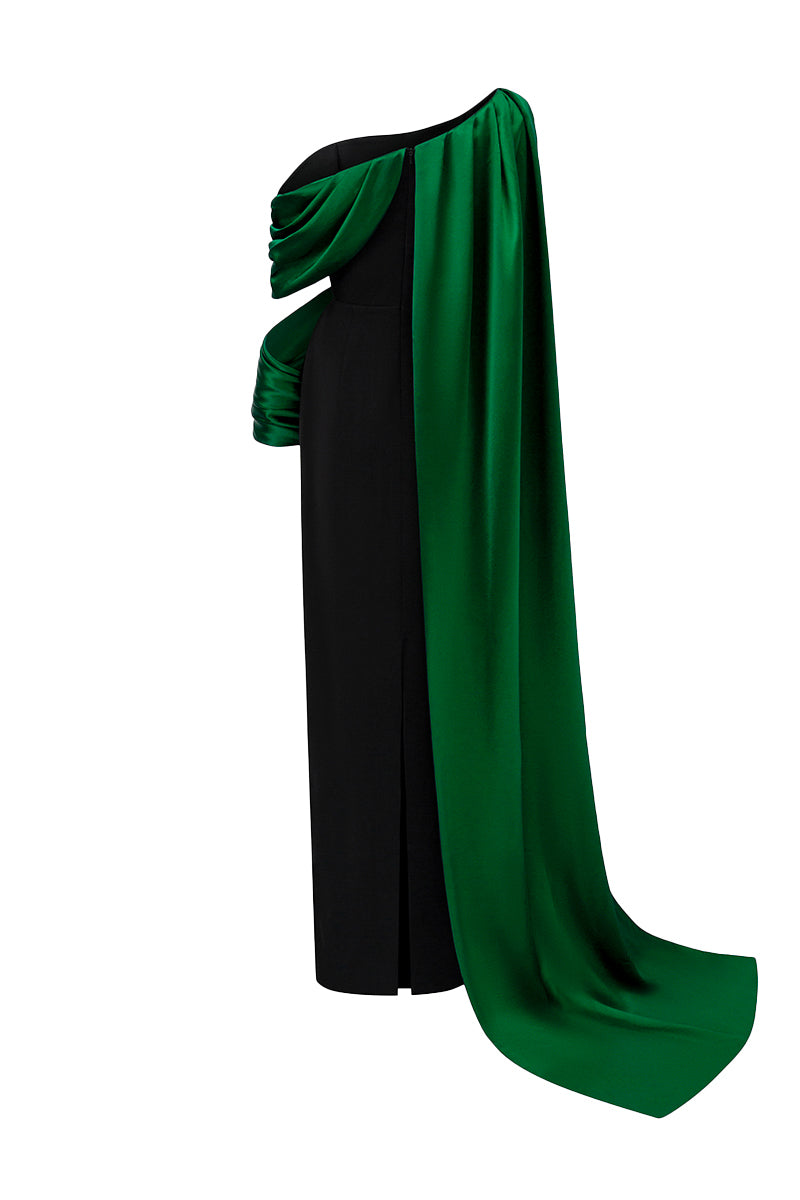 Bustier Column Gown With Asymmetric Draped Details In Black Crepe And Dark Green Silk