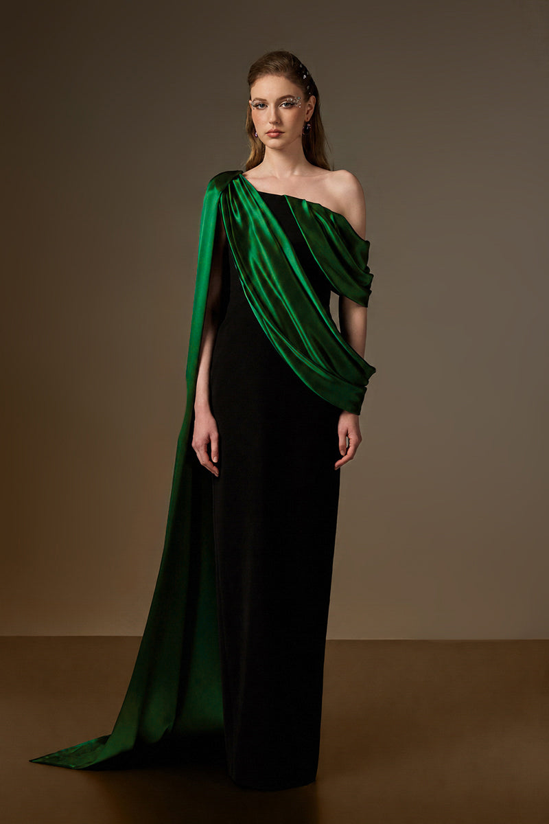 Bustier Column Gown With Asymmetric Draped Details In Black Crepe And Dark Green Silk