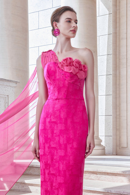 Chest Cup Asymmetric Dress With Roses Drapped Detail