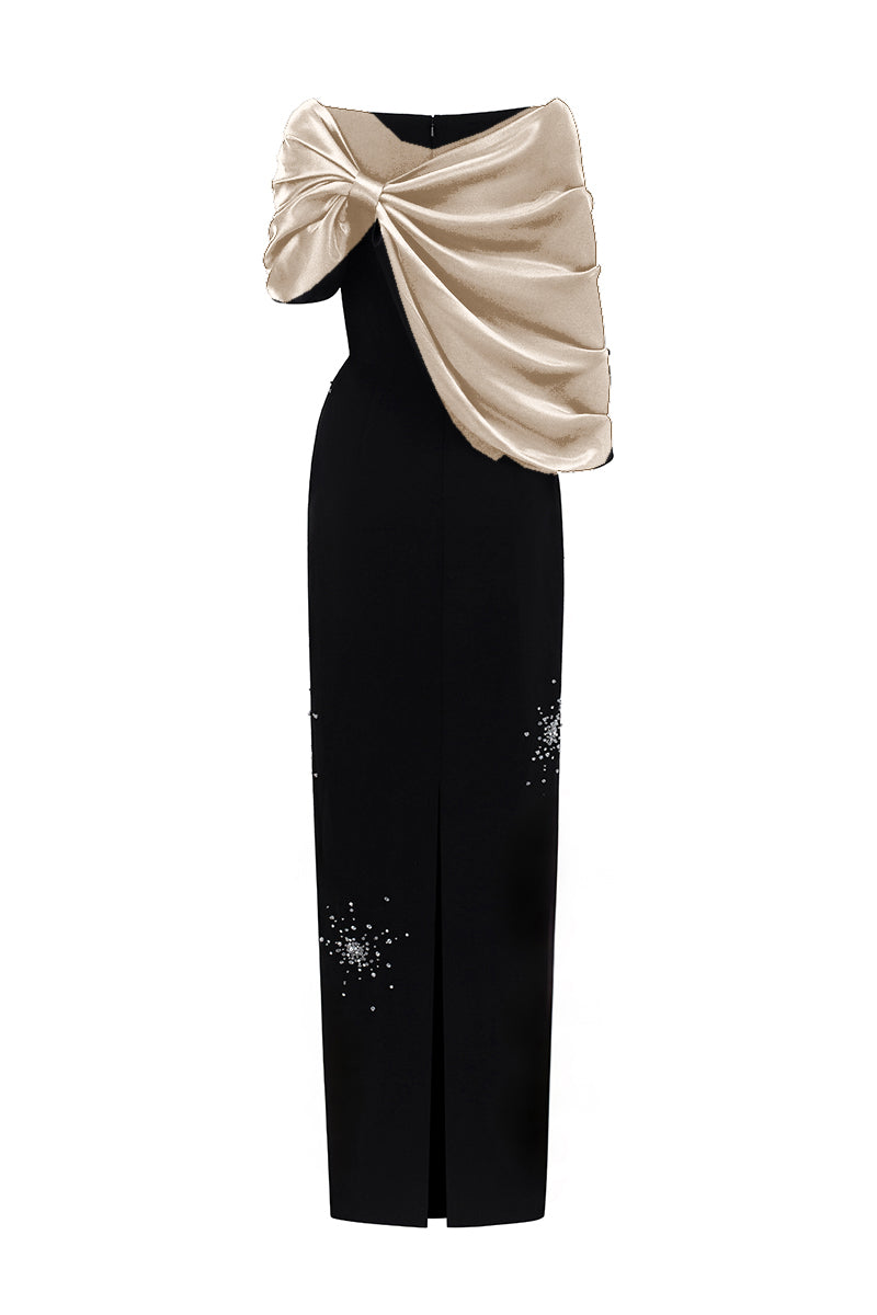 V Neck Column Gown With Draped Details In Black Crepe And Beige Satin Silk