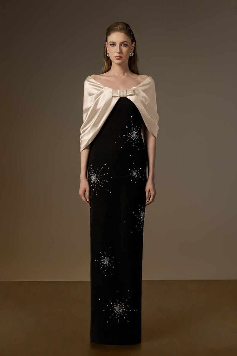 V Neck Column Gown With Draped Details In Black Crepe And Beige Satin Silk