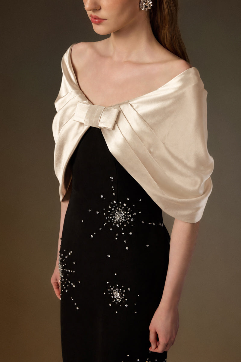 V Neck Column Gown With Draped Details In Black Crepe And Beige Satin Silk