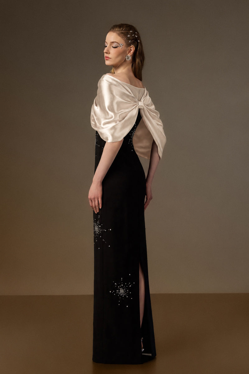 V Neck Column Gown With Draped Details In Black Crepe And Beige Satin Silk