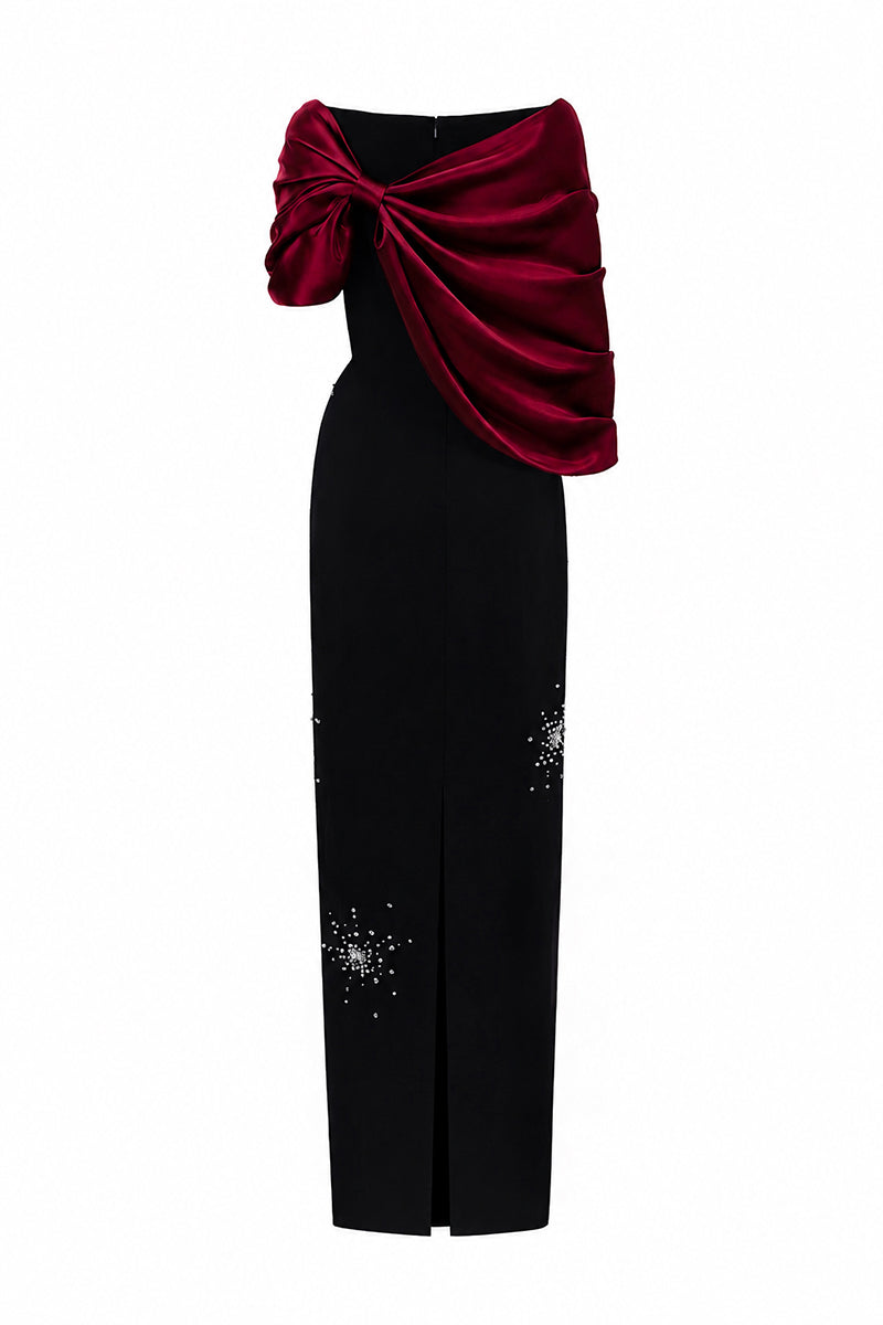 V Neck Column Gown With Draped Details In Black Crepe And Dark Red Satin Silk