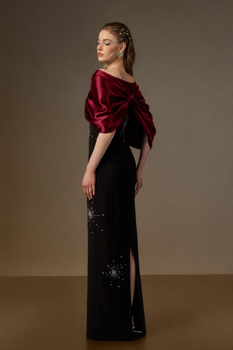 V Neck Column Gown With Draped Details In Black Crepe And Dark Red Satin Silk