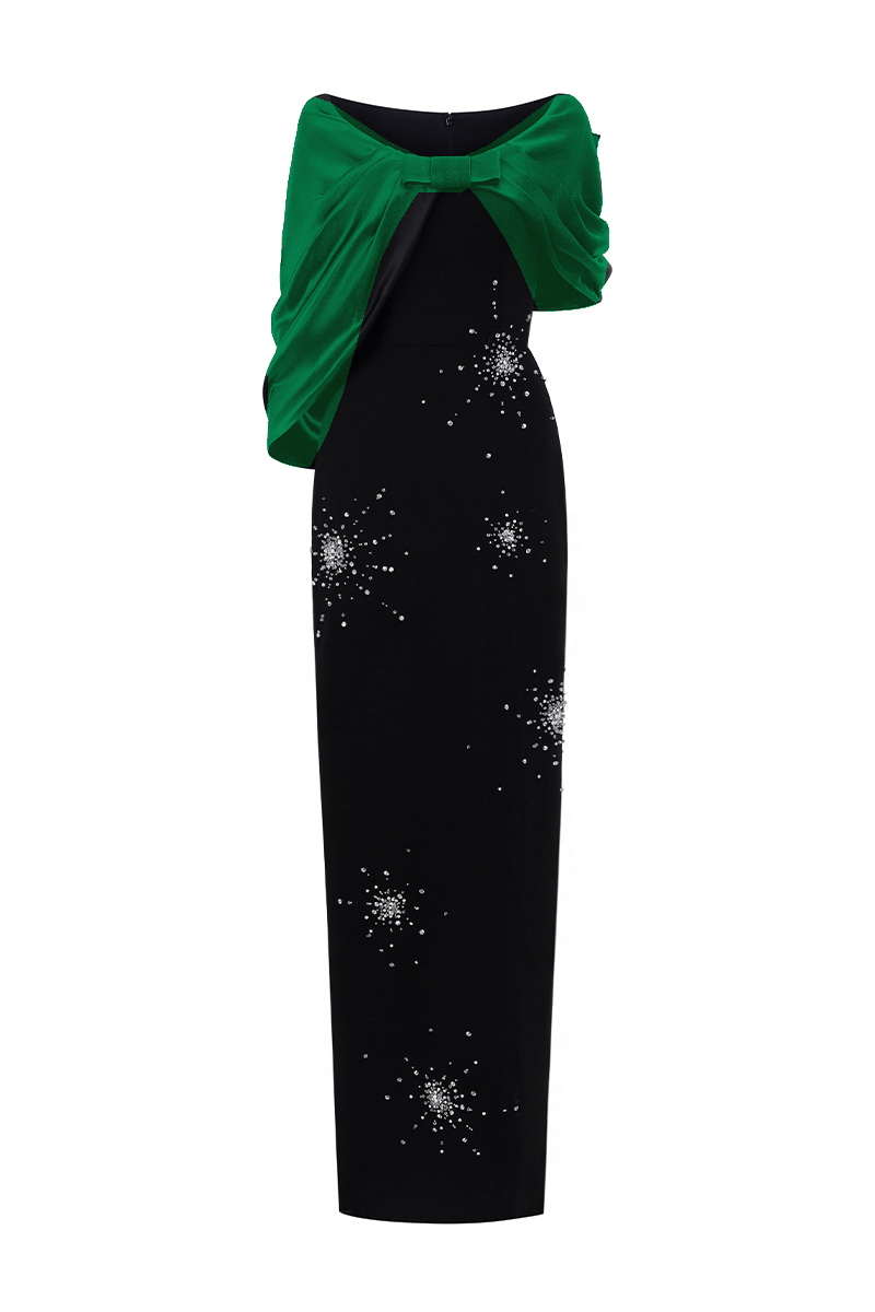 V Neck Column Gown With Draped Details In Black Crepe And Dark Green Satin Silk
