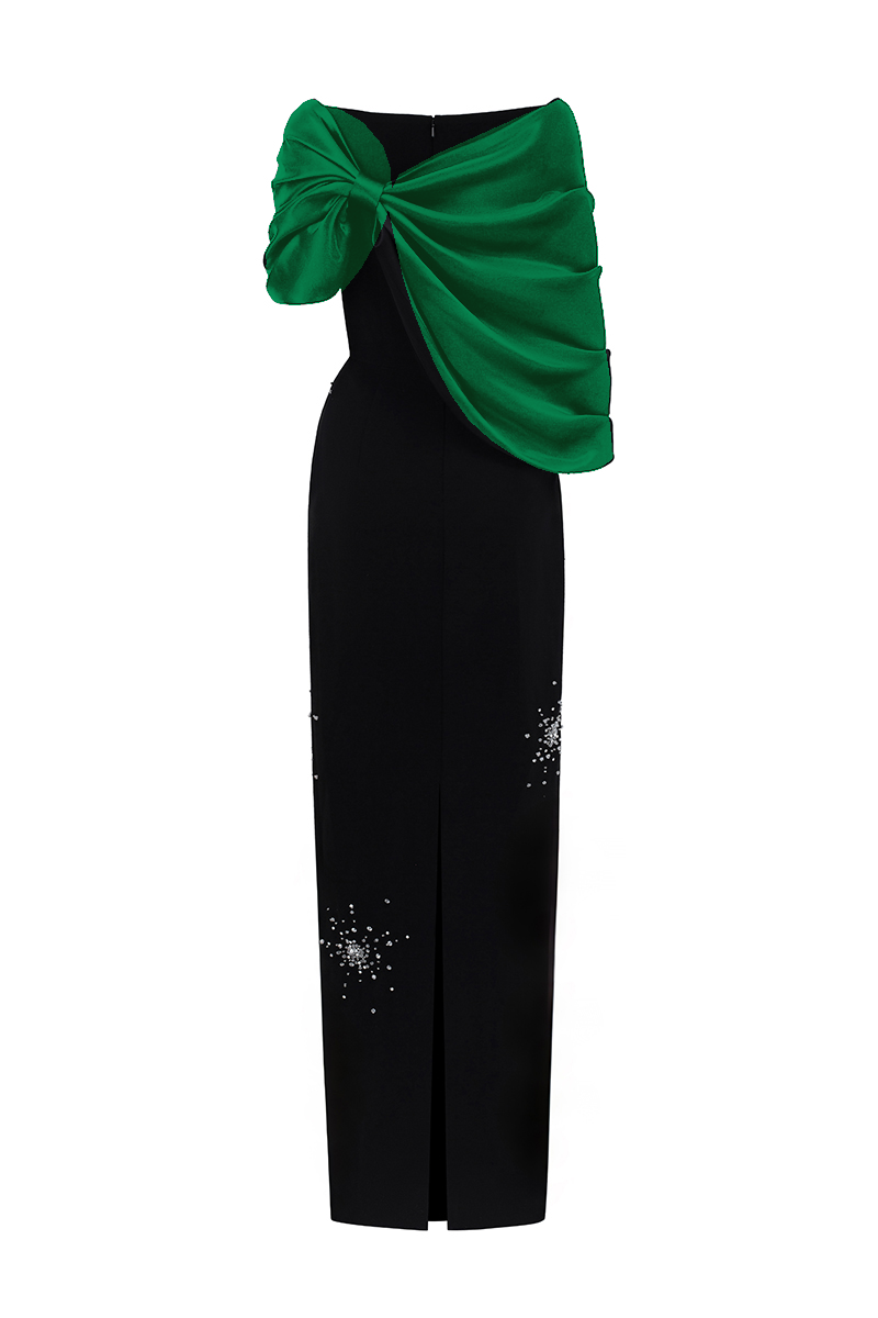 V Neck Column Gown With Draped Details In Black Crepe And Dark Green Satin Silk