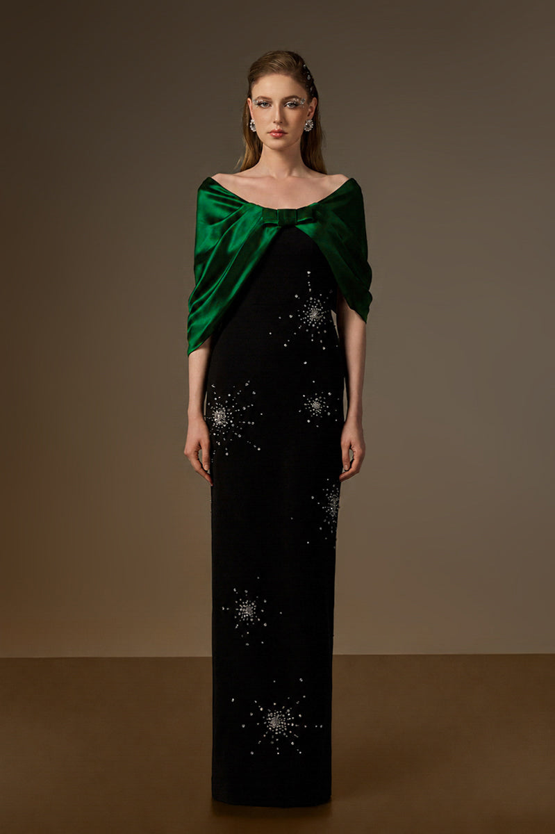 V Neck Column Gown With Draped Details In Black Crepe And Dark Green Satin Silk