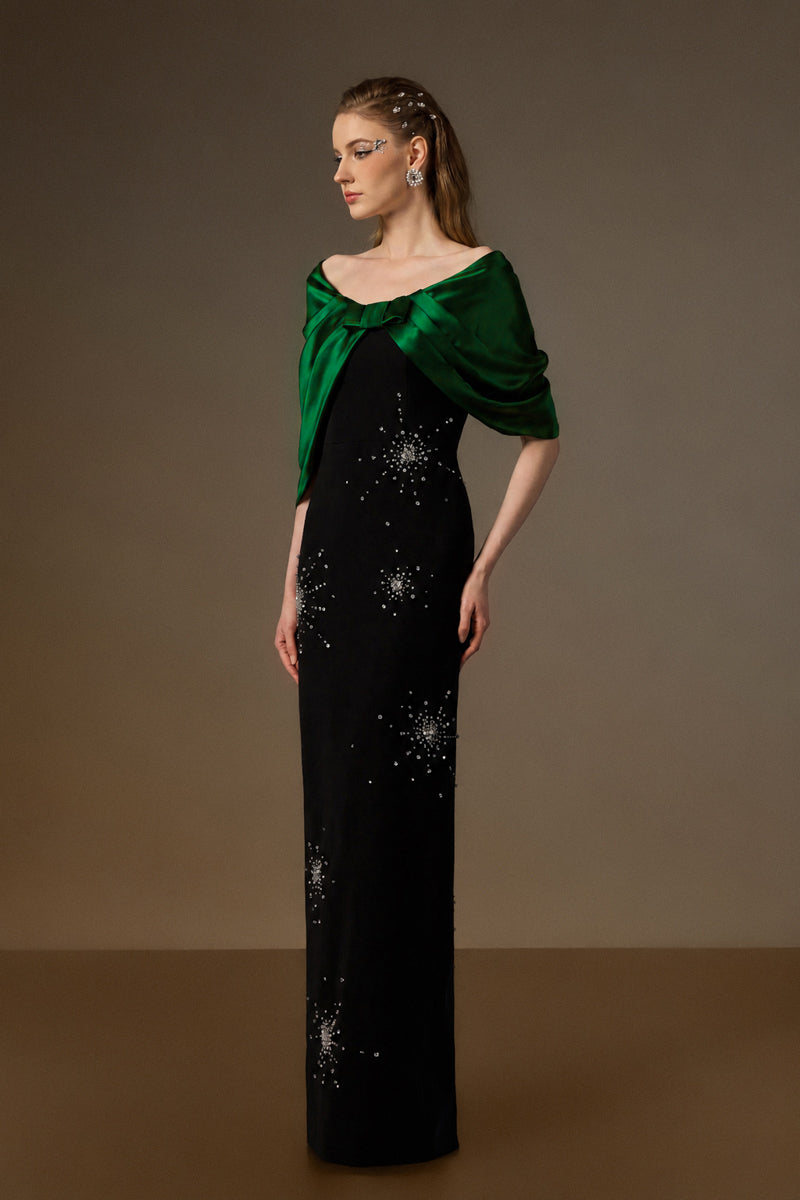V Neck Column Gown With Draped Details In Black Crepe And Dark Green Satin Silk