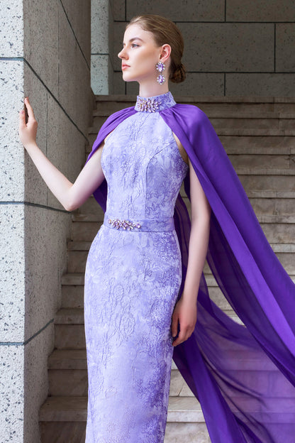 Stand Collar Dress With Back Tulle Cape
