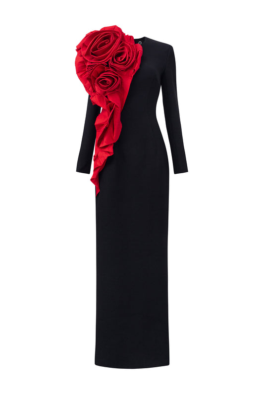 Long Sleeves Black Scuba Gown With Draped Red Roses Detail