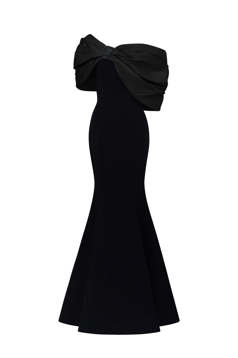 One Shoulder Mermaid Gown With Bust Bow In Black Crepe And Black Taffeta
