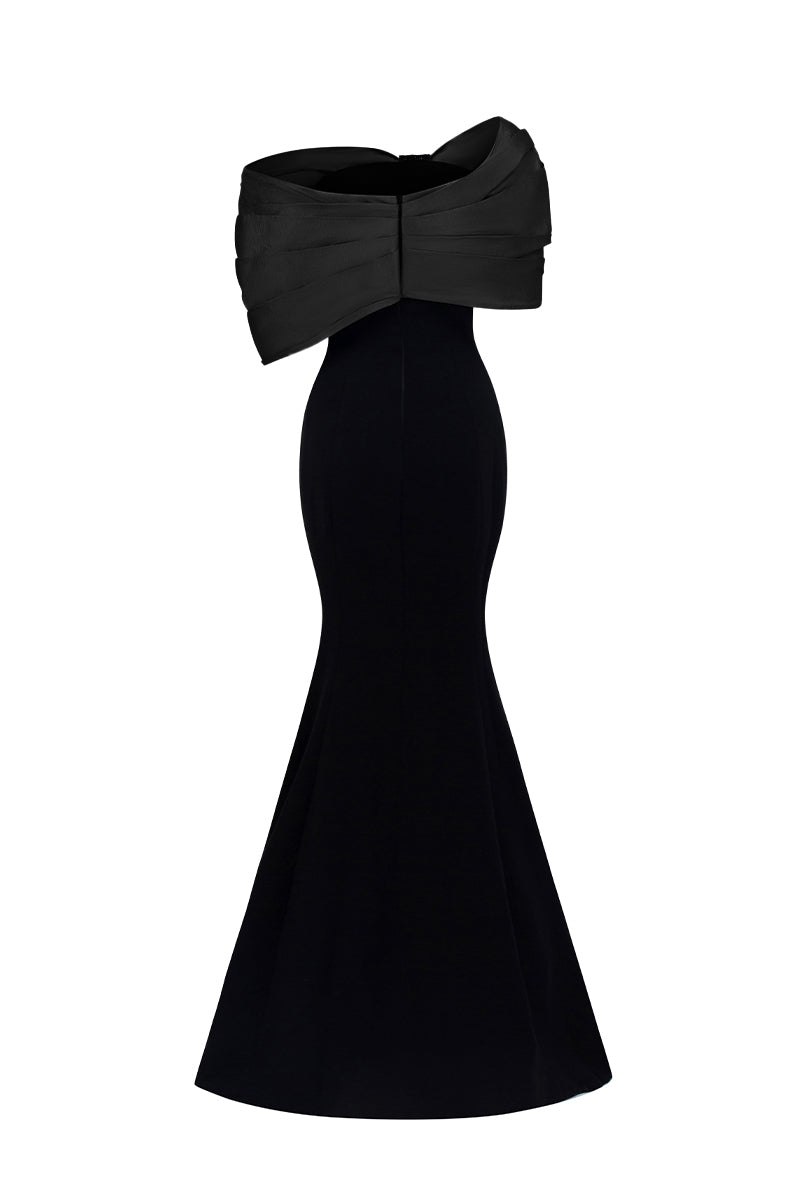 One Shoulder Mermaid Gown With Bust Bow In Black Crepe And Black Taffeta