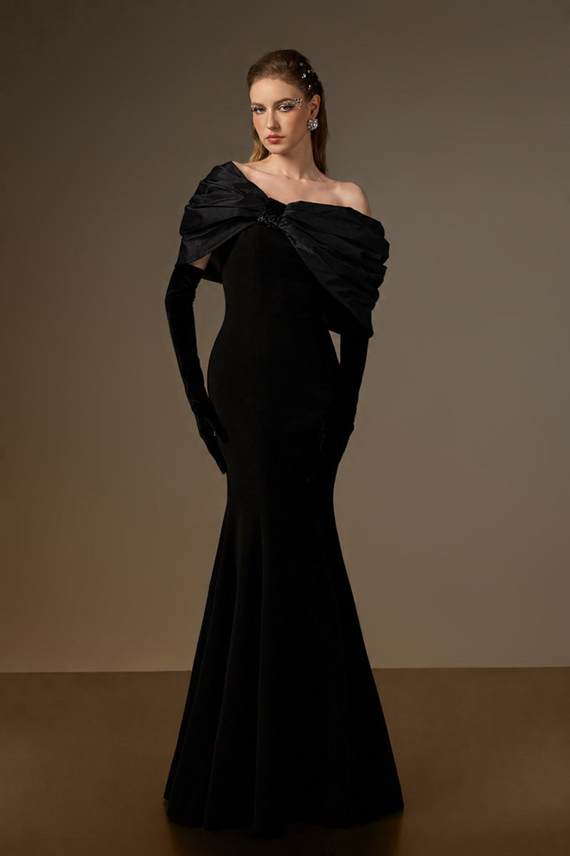 One Shoulder Mermaid Gown With Bust Bow In Black Crepe And Black Taffeta