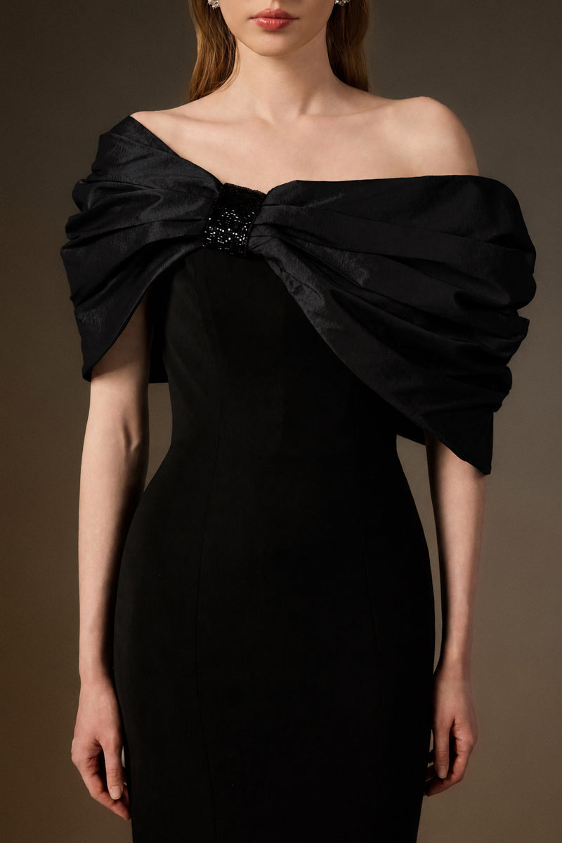 One Shoulder Mermaid Gown With Bust Bow In Black Crepe And Black Taffeta