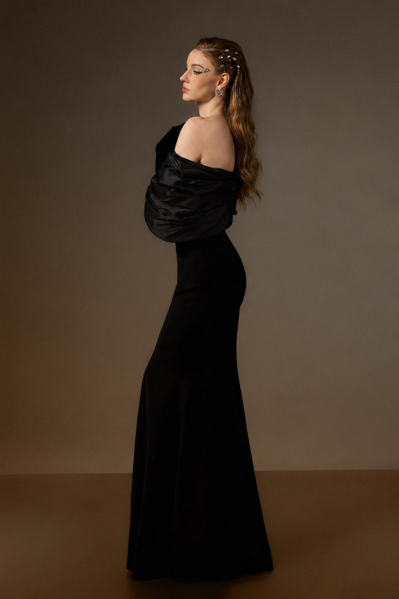 One Shoulder Mermaid Gown With Bust Bow In Black Crepe And Black Taffeta