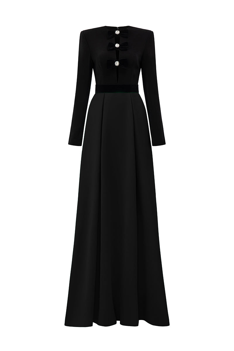 V-Cut Column A-line Gown With Long Sleeves In Black And Green