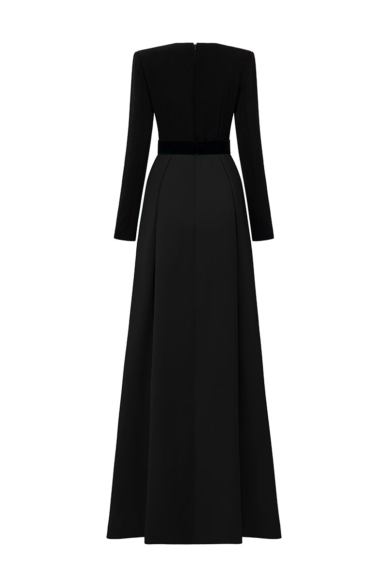 V-Cut Column A-line Gown With Long Sleeves In Black And Green