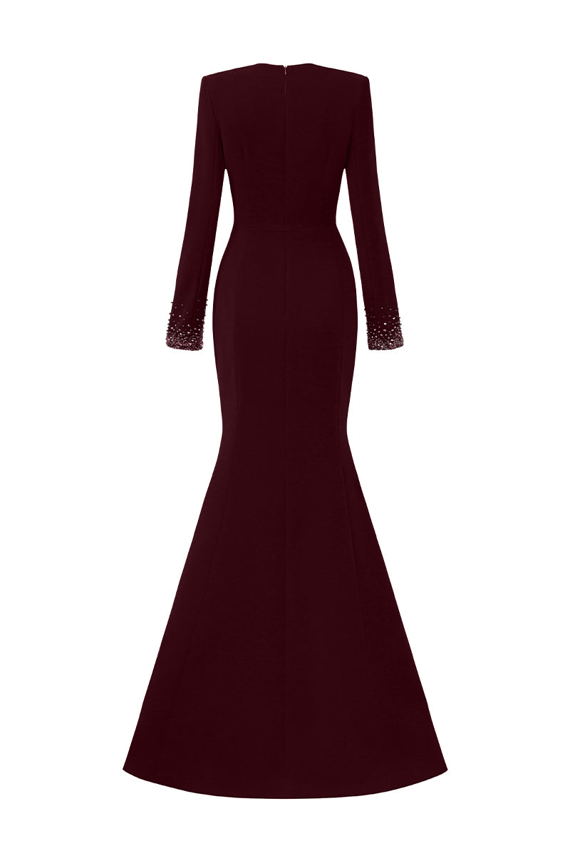 V-Neck Column Gown With Long Sleeves