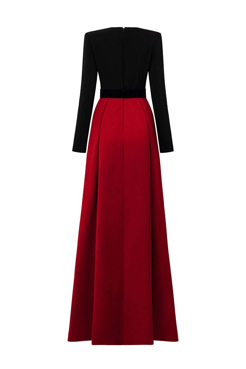 V-Cut Column A-line Gown With Long Sleeves In Black And Green