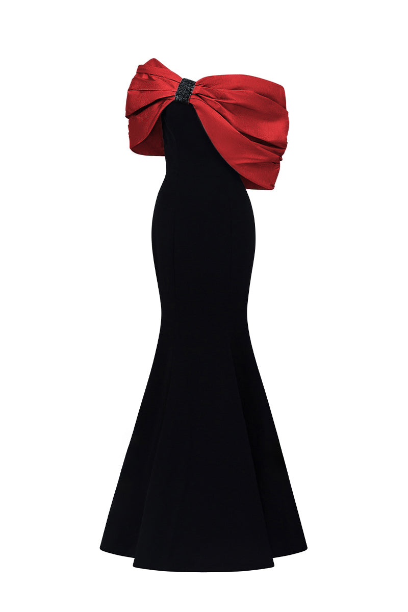 One Shoulder Mermaid Gown With Bust Bow In Black Crepe And Dark Red Taffeta