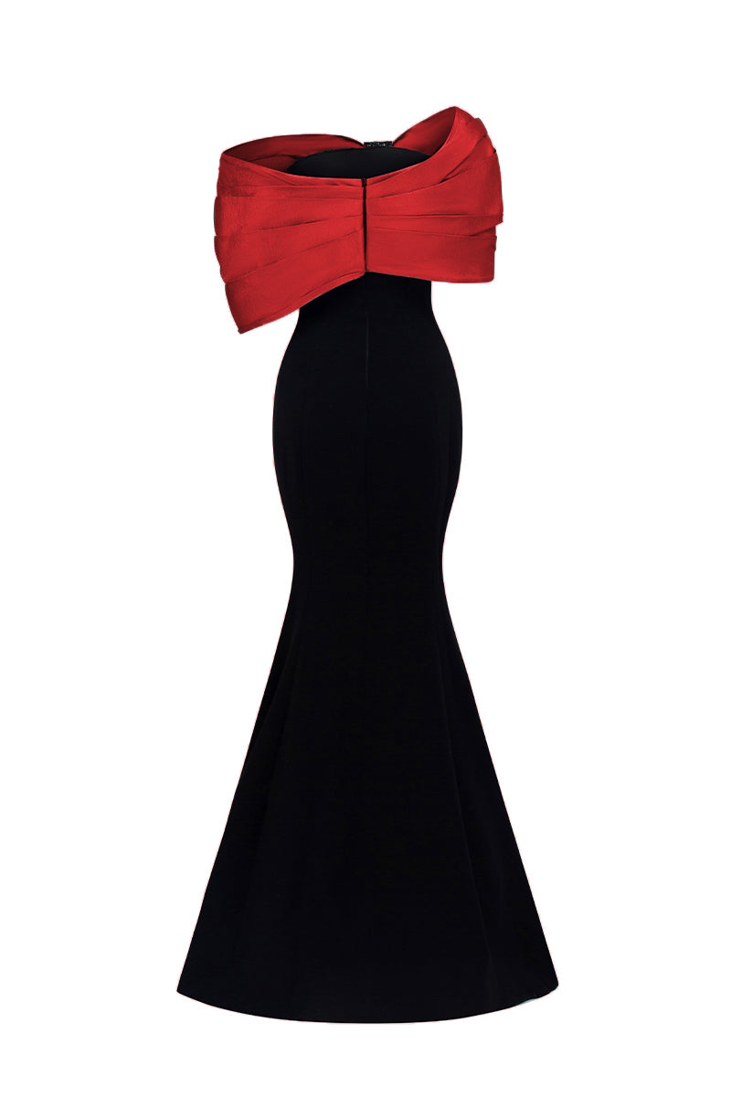 One Shoulder Mermaid Gown With Bust Bow In Black Crepe And Dark Red Taffeta