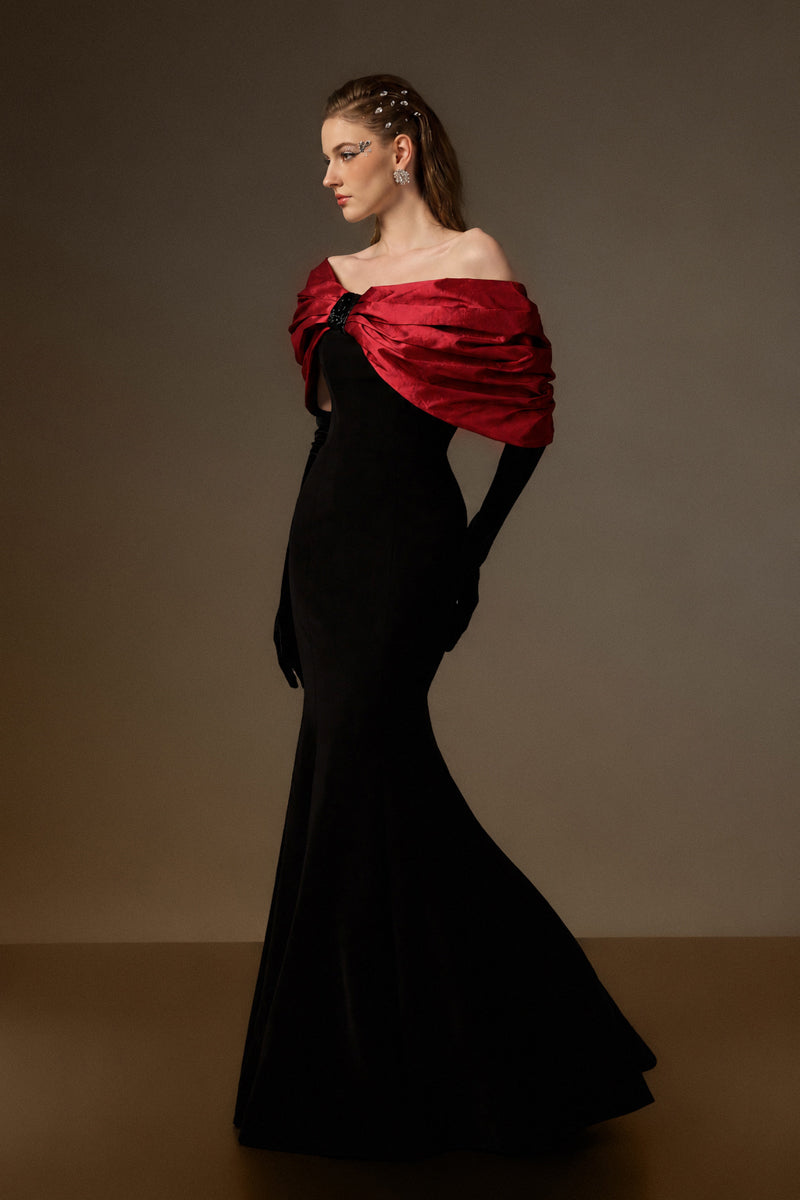 One Shoulder Mermaid Gown With Bust Bow In Black Crepe And Dark Red Taffeta