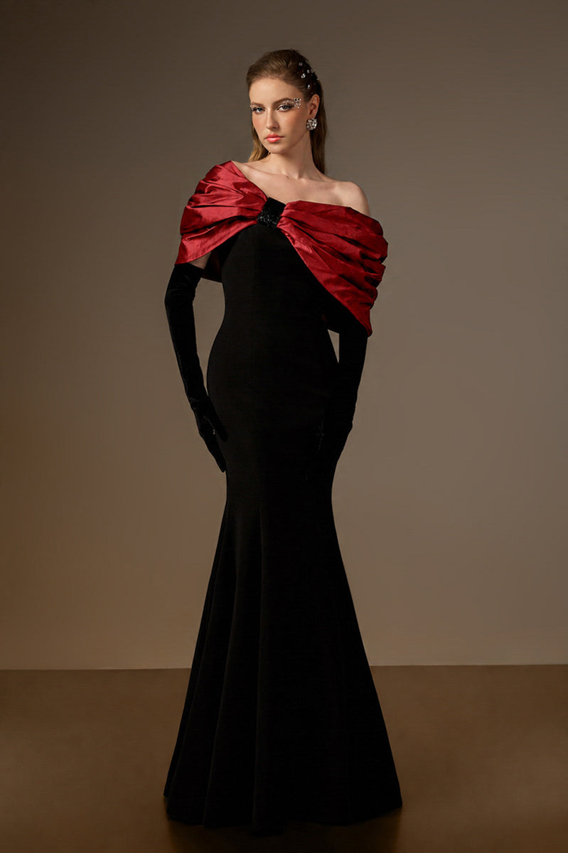One Shoulder Mermaid Gown With Bust Bow In Black Crepe And Dark Red Taffeta