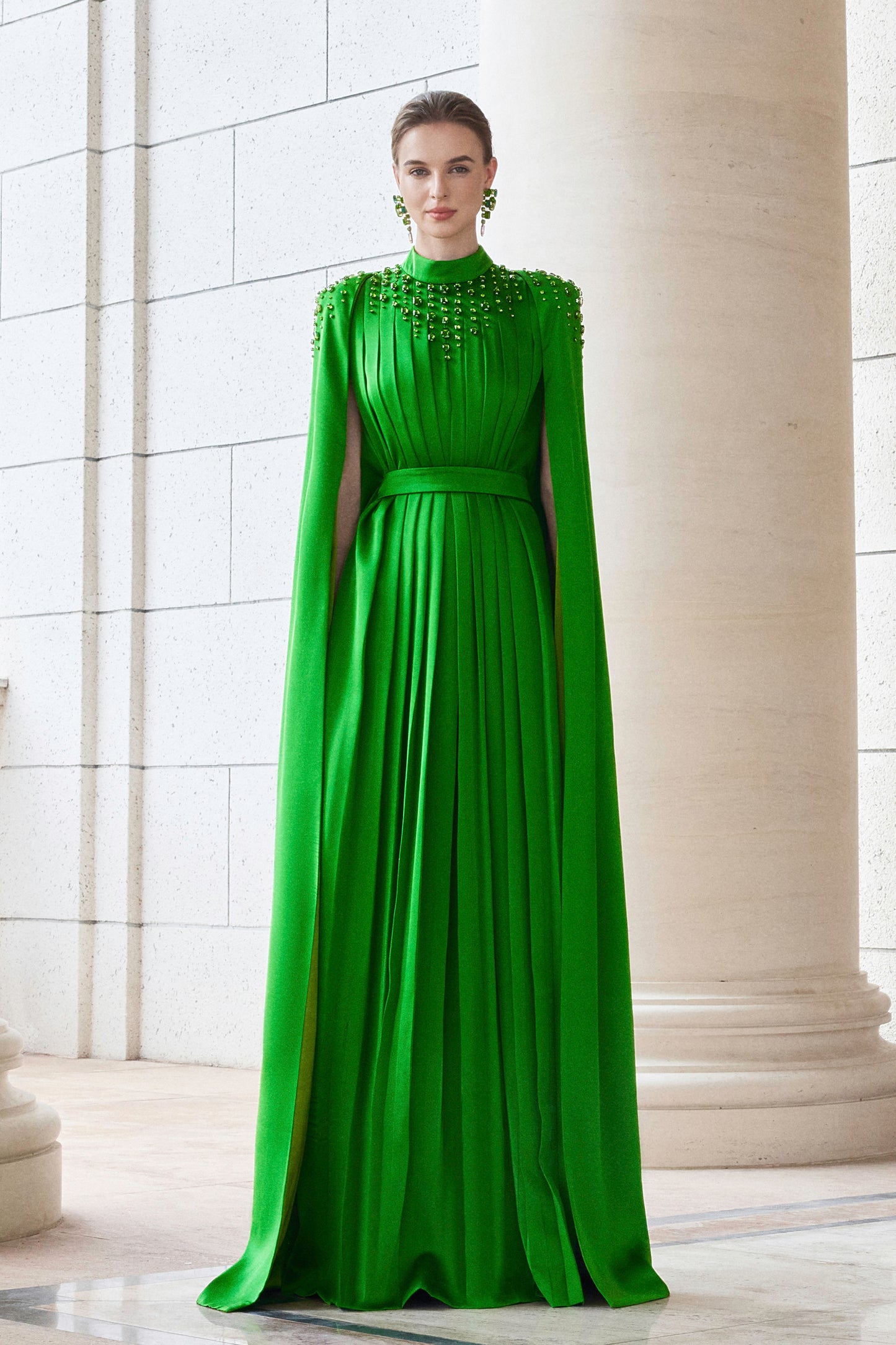 Long Pleated Trapeze Dress With Shoulder Cape