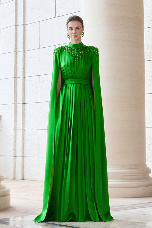 Long Pleated Trapeze Dress With Shoulder Cape