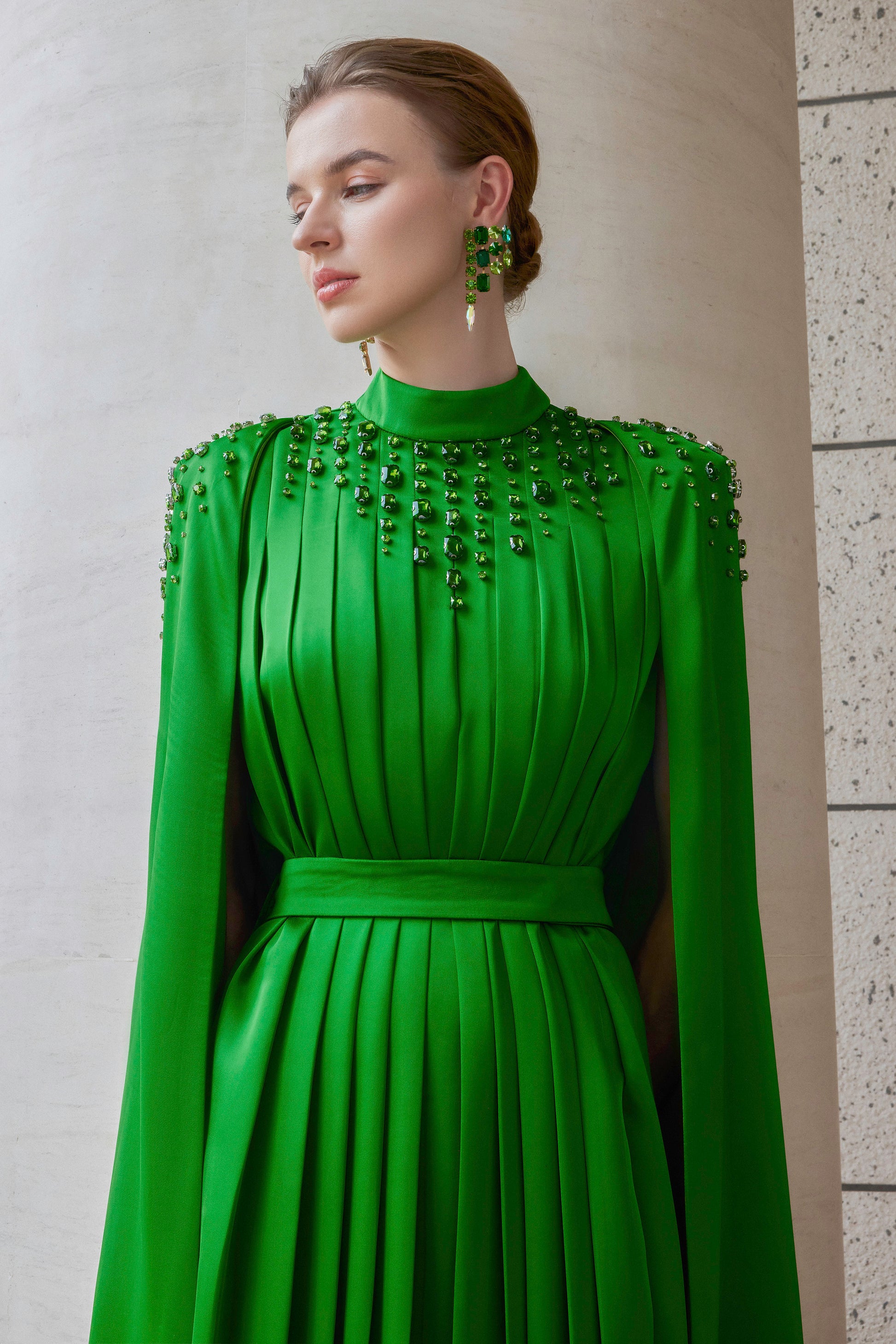 Emerald Long Pleated Trapeze Dress With Shoulder Cape by I.H.F Atelier