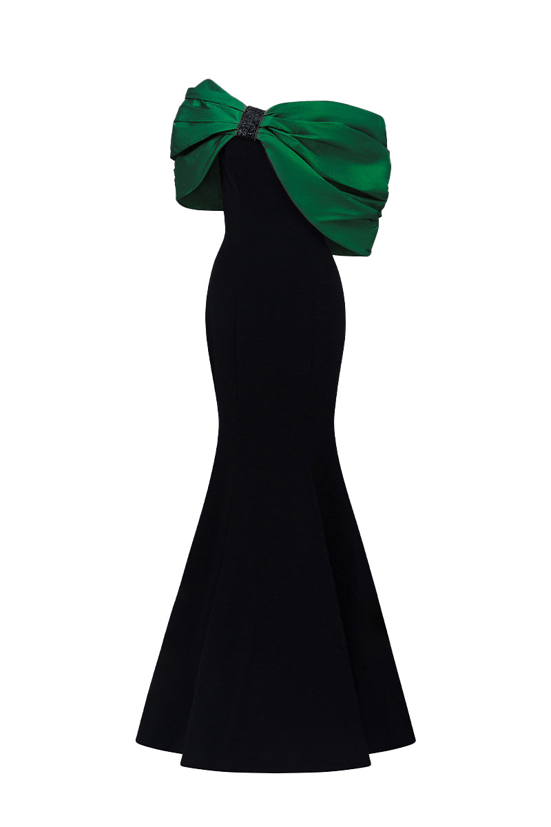One Shoulder Mermaid Gown With Bust Bow In Black Crepe And Dark Green Taffeta