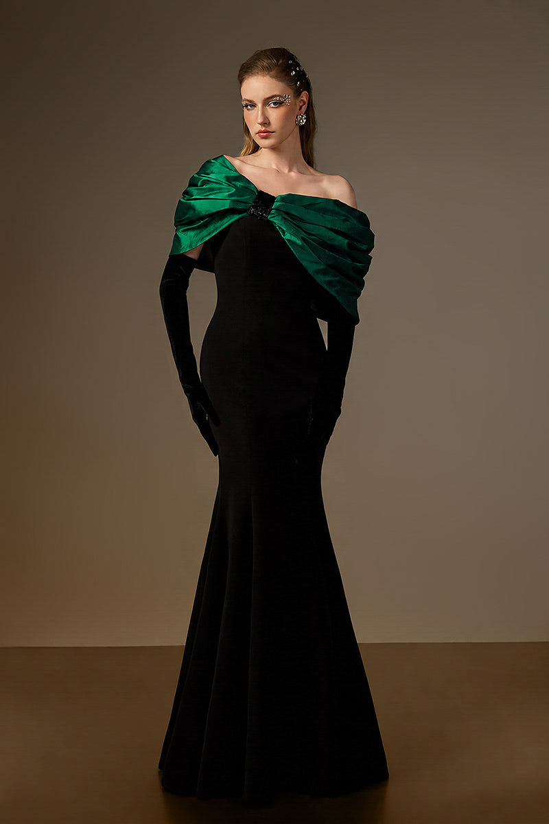 One Shoulder Mermaid Gown With Bust Bow In Black Crepe And Dark Green Taffeta
