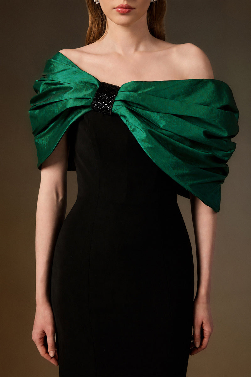 One Shoulder Mermaid Gown With Bust Bow In Black Crepe And Dark Green Taffeta