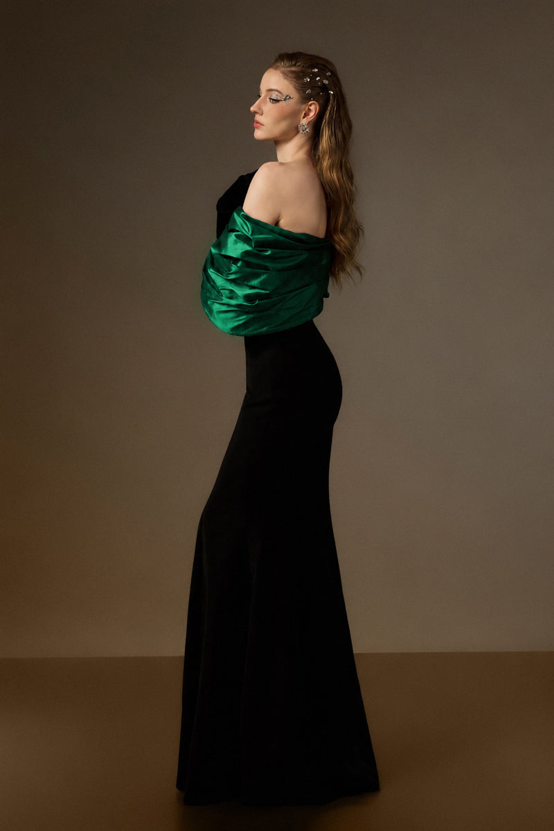 One Shoulder Mermaid Gown With Bust Bow In Black Crepe And Dark Green Taffeta