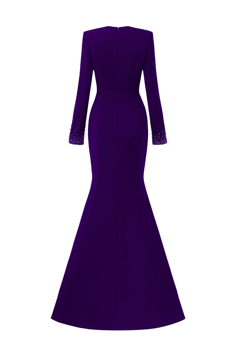 V-Neck Column Gown With Long Sleeves