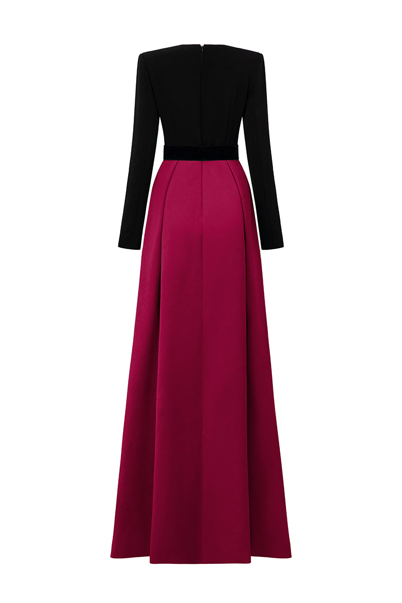 V-Cut Column A-line Gown With Long Sleeves In Black And Green
