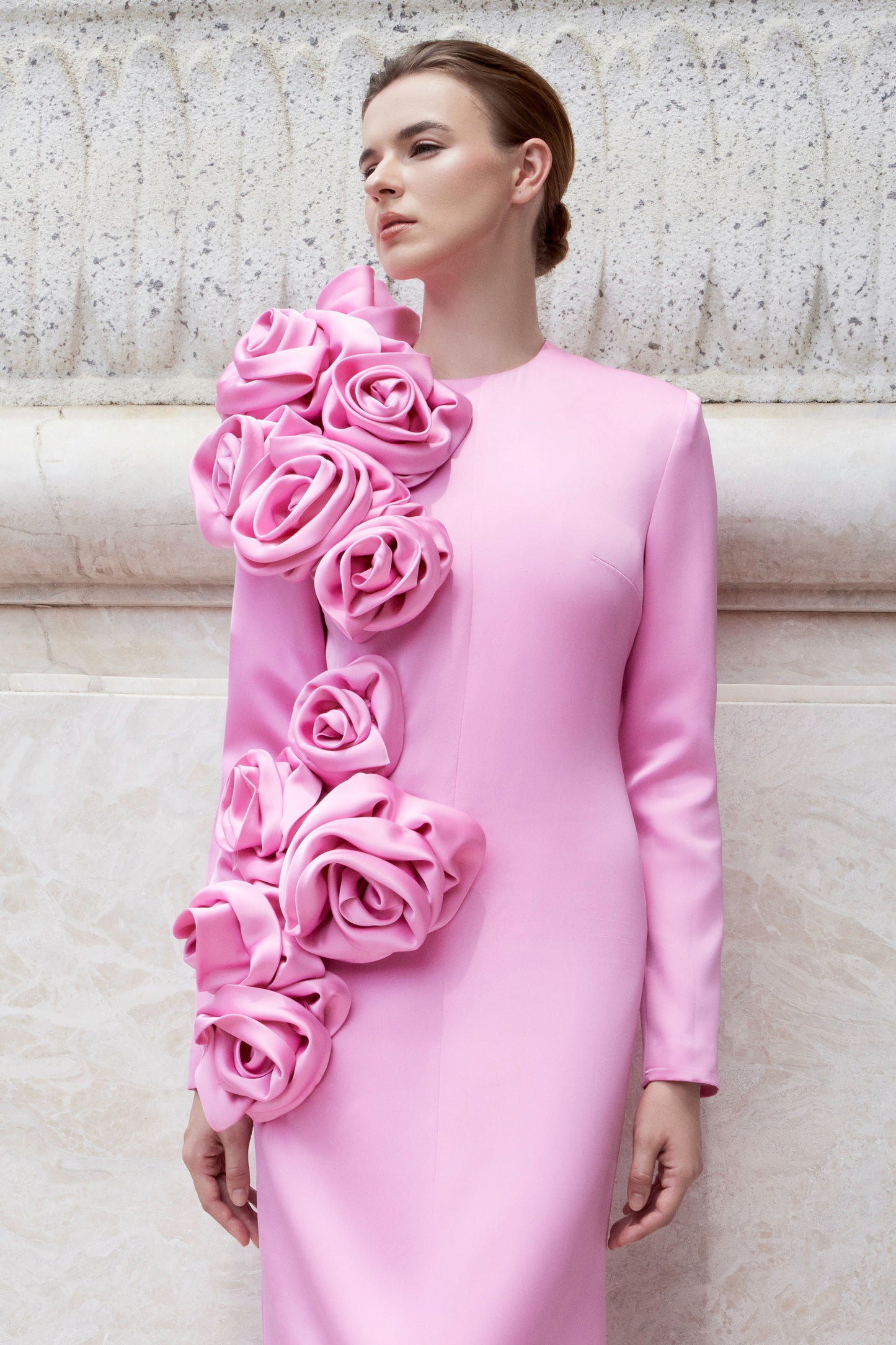 Long Sleeves Dress With Draped Roses Details