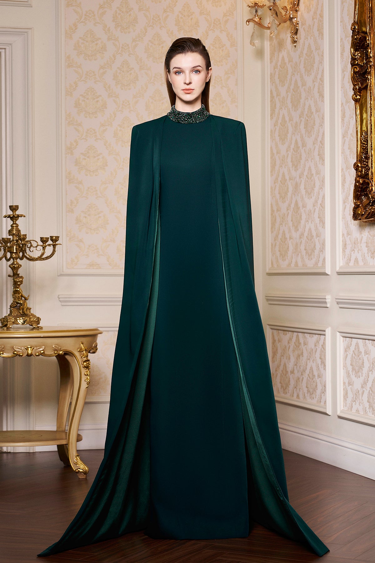 High Neckline Gown With Pleated Long Cape