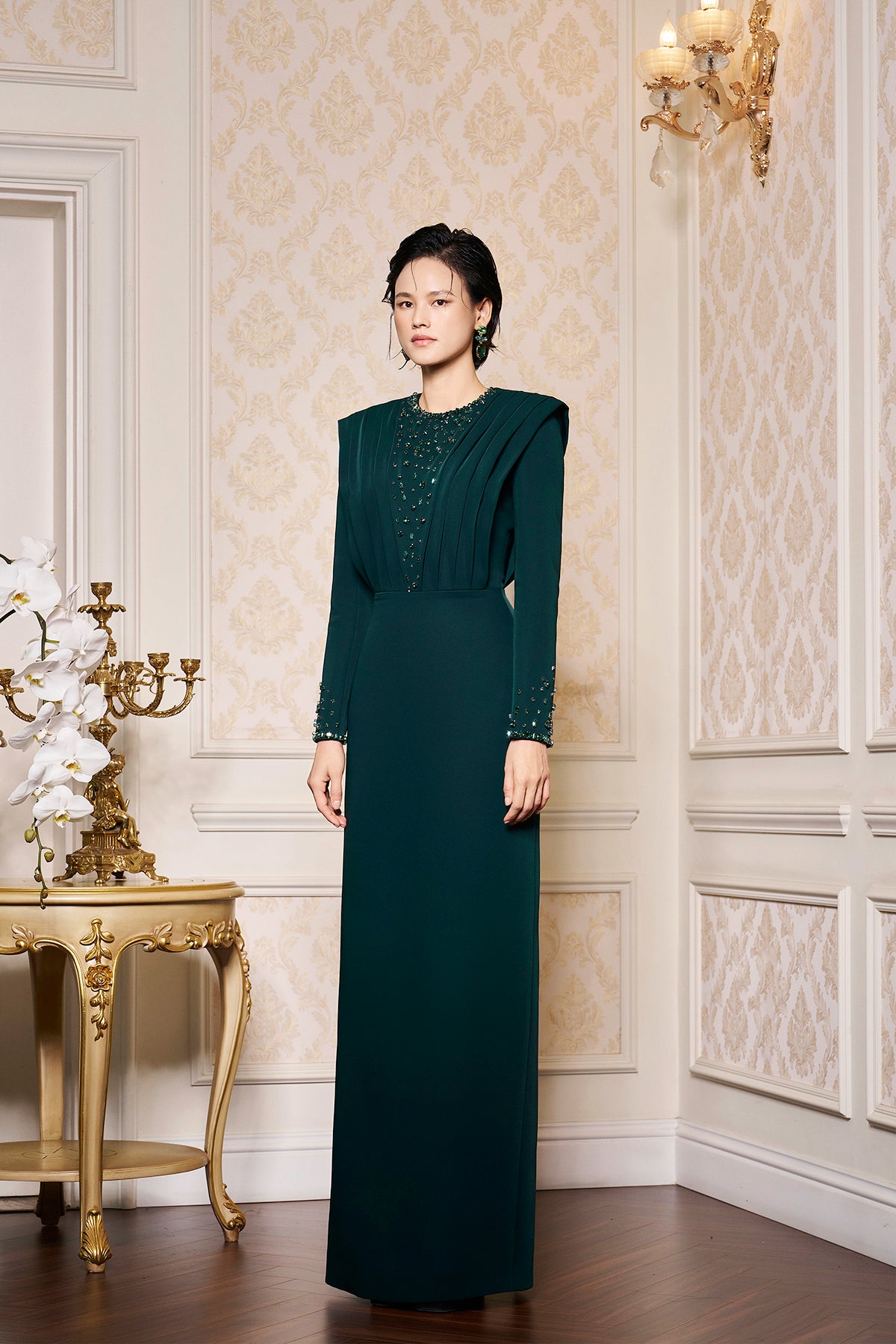 Long Sleeves Pleated Shoulder Gown